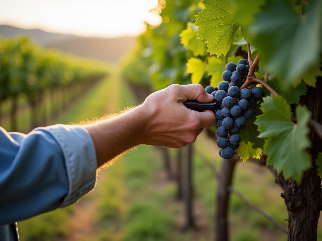 Winemaker tending to grapevines