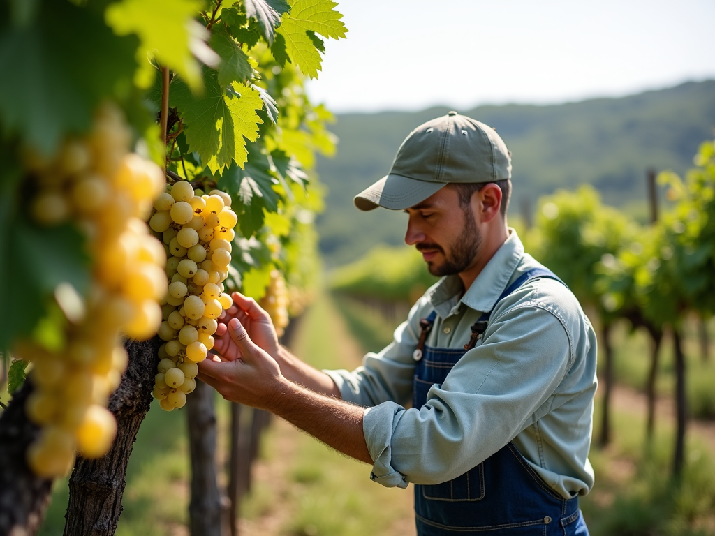 Worker checking grapes in Napa Valley