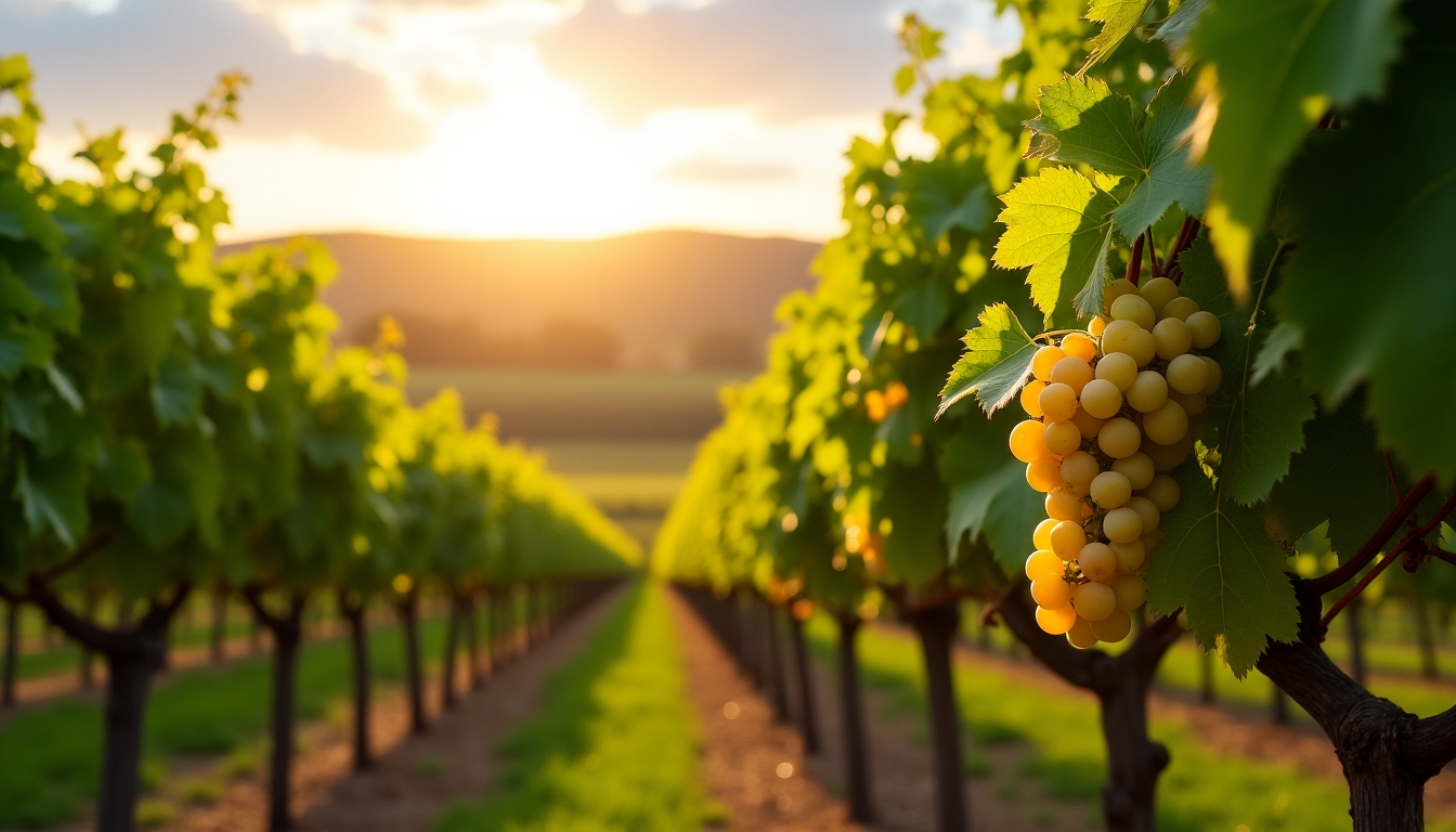 A lush vineyard depicting the morning sun shining over rows of grapevines, symbolizing the natural essence of winemaking.