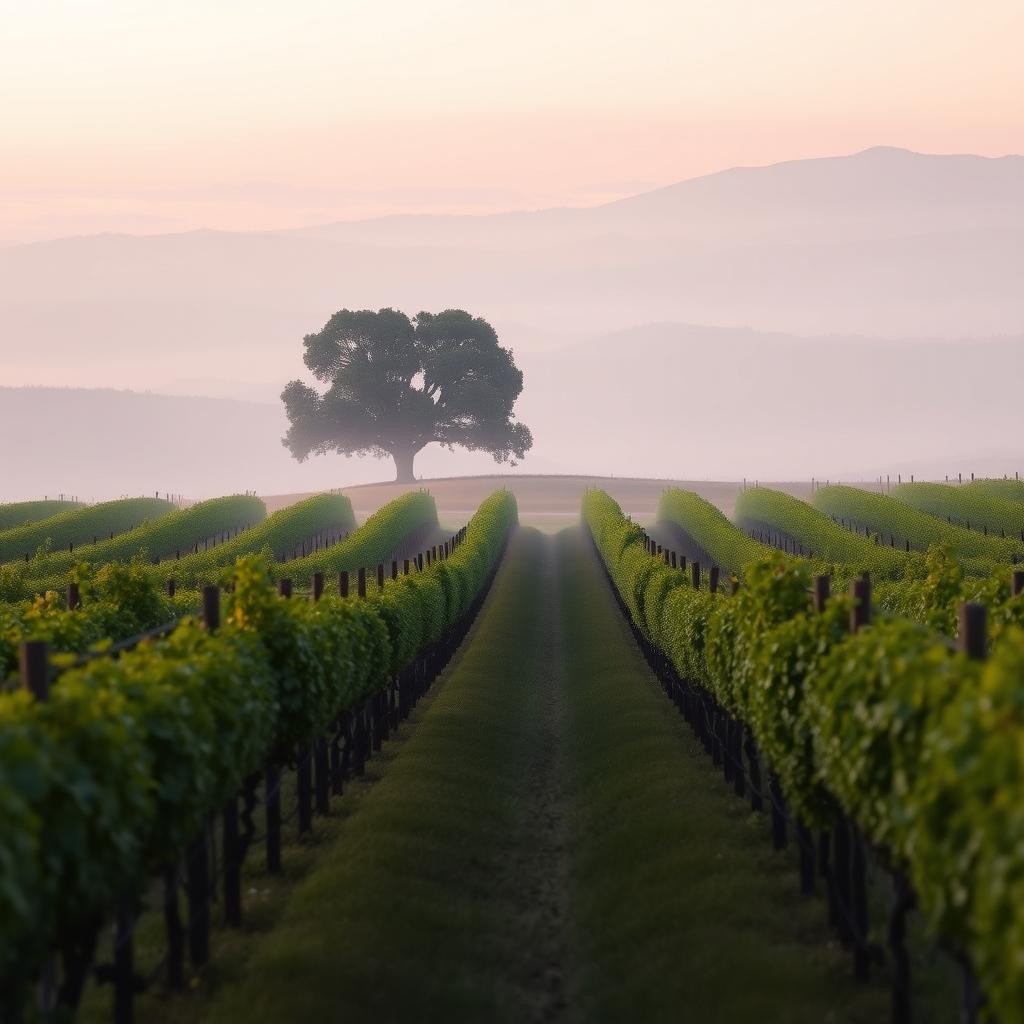 Sonoma County vineyard at dawn with mist-covered grapevines and a soft pink sky.