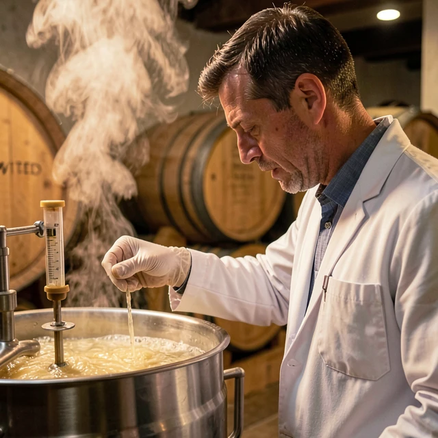 Winemaker testing wine fermentation progress