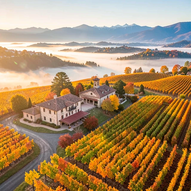 Beringer Vineyards surrounded by autumn vineyards in Napa Valley