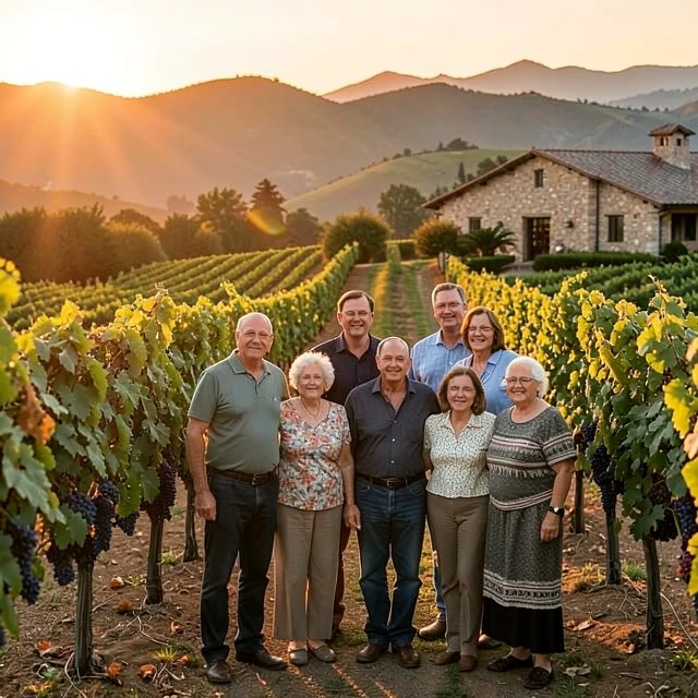 Multi-generational family in a California vineyard representing family-owned wine brands