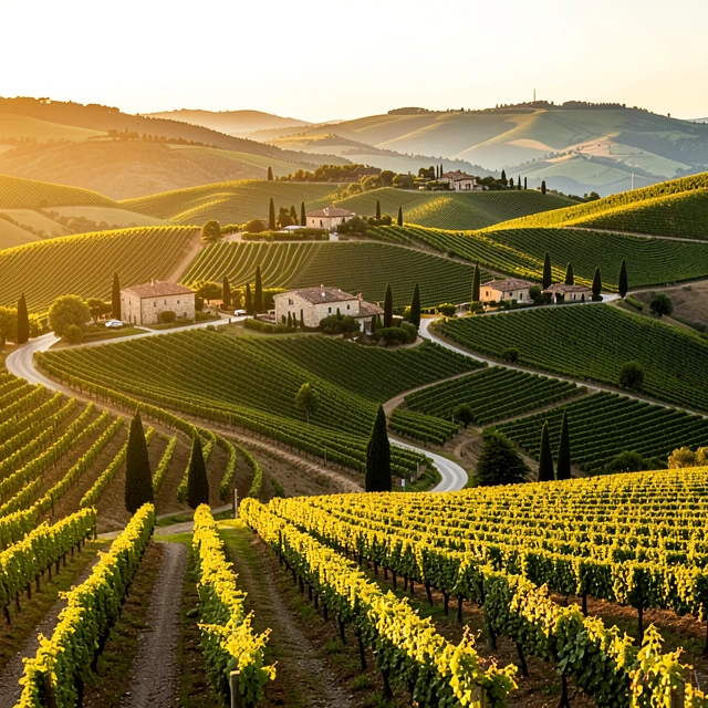 Stunning panoramic view of Tuscany's iconic wine country with vineyards and cypress trees