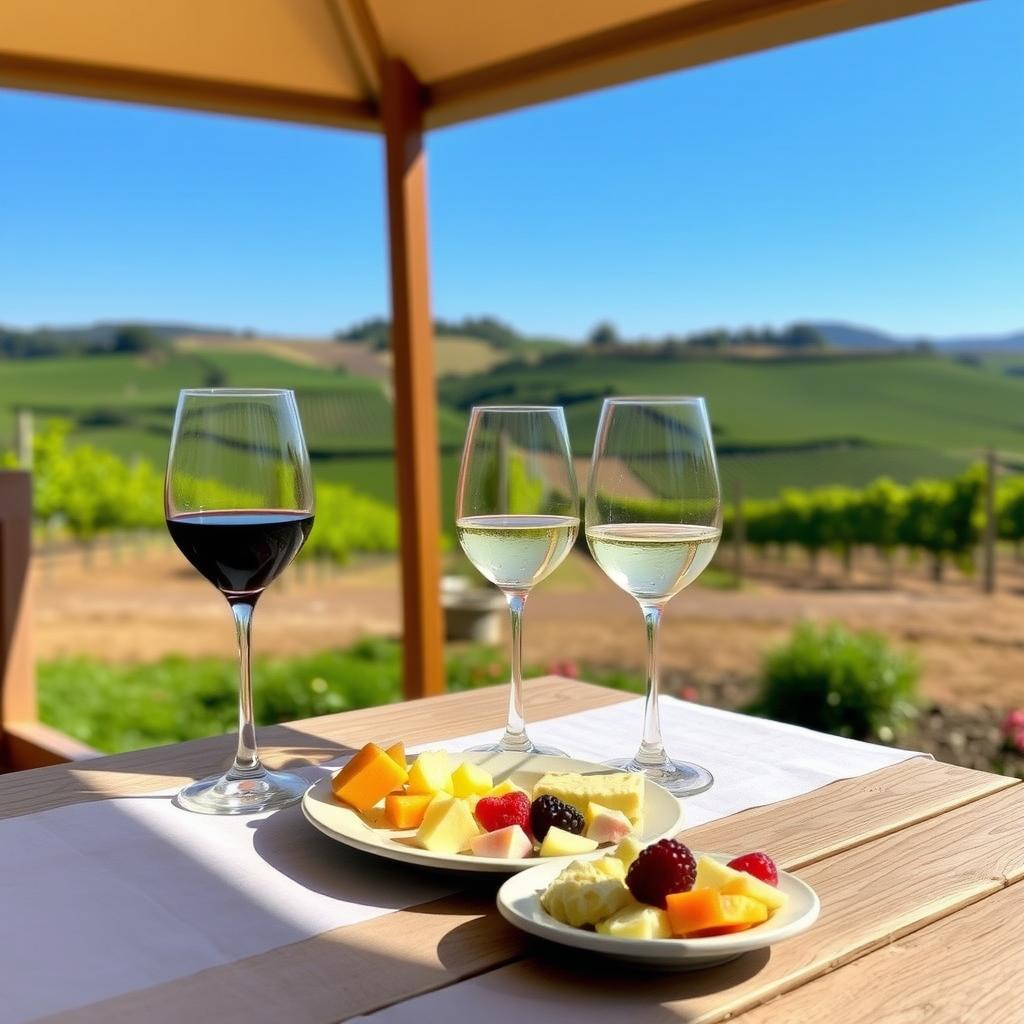 Outdoor wine tasting setup with three wine glasses and small bites at a Sonoma County vineyard