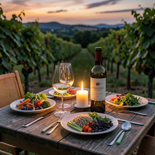 Sustainable wine and eco-conscious meal on a vineyard table