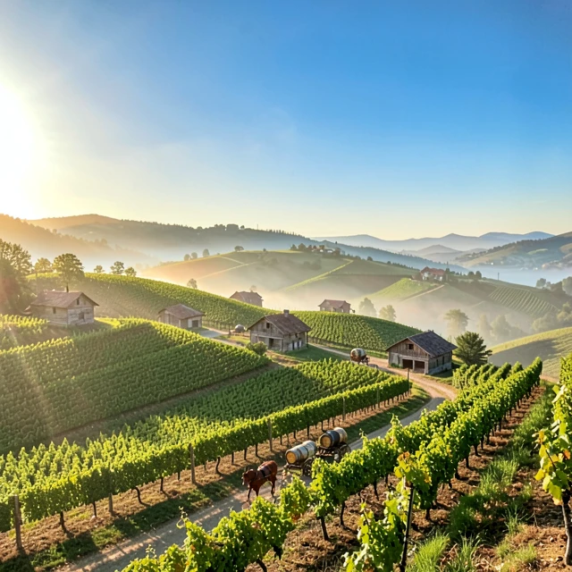 19th-century Napa Valley vineyards with early settlers and wagons