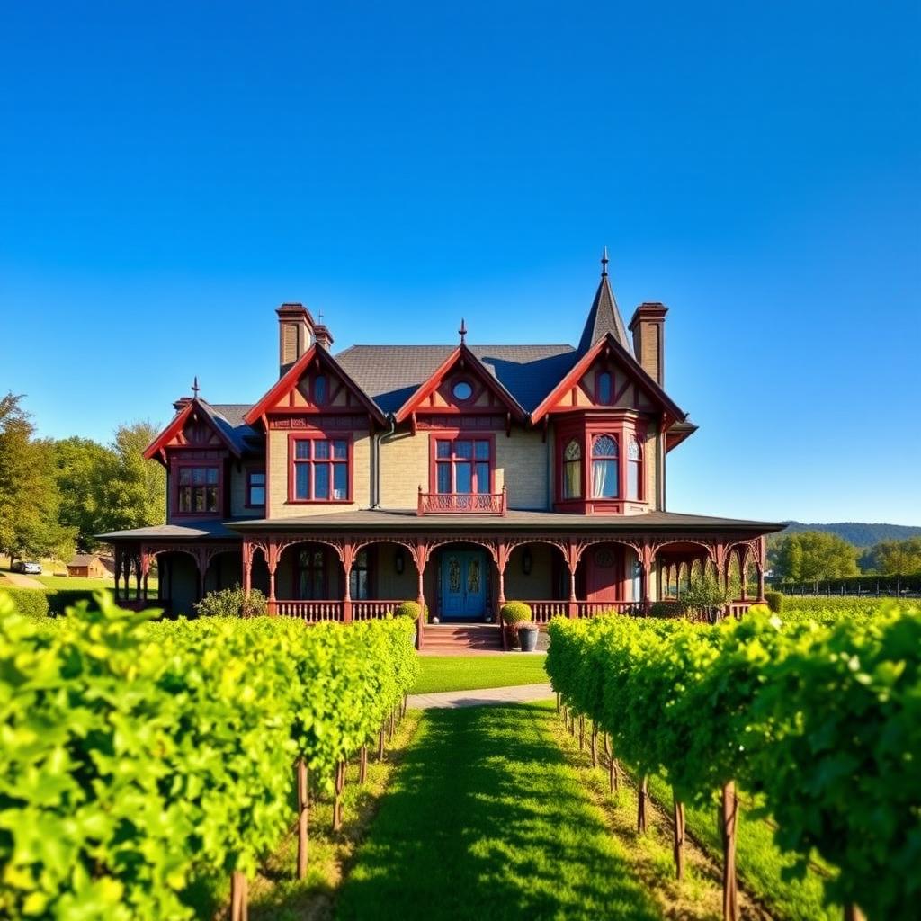 Beringer Vineyards’ Rhine House, a Victorian mansion, stands amid vibrant gardens and vineyards in Napa Valley.
