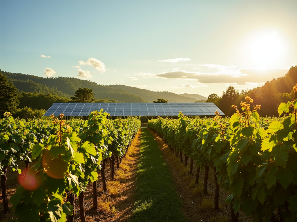 Solar panels in a vineyard, showing how wineries use renewable energy for sustainability.