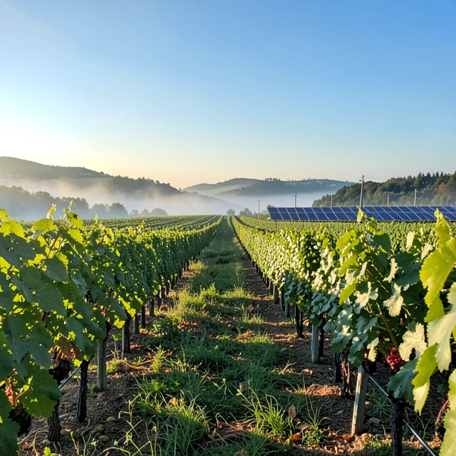 Sustainable vineyard with solar energy integration at dawn