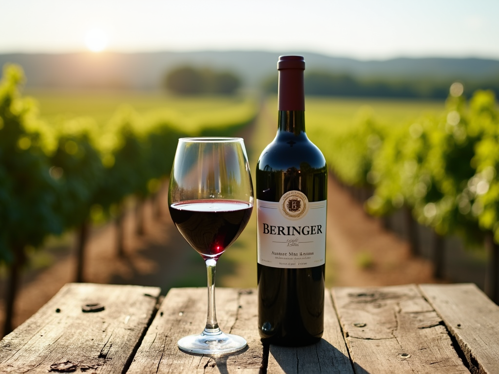 Beringer wine bottle with vineyard view