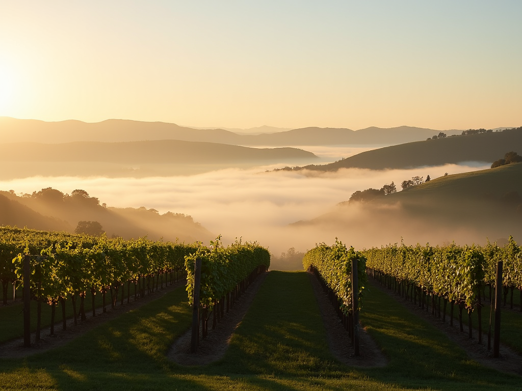 Fog over Russian River Valley vineyards at sunrise