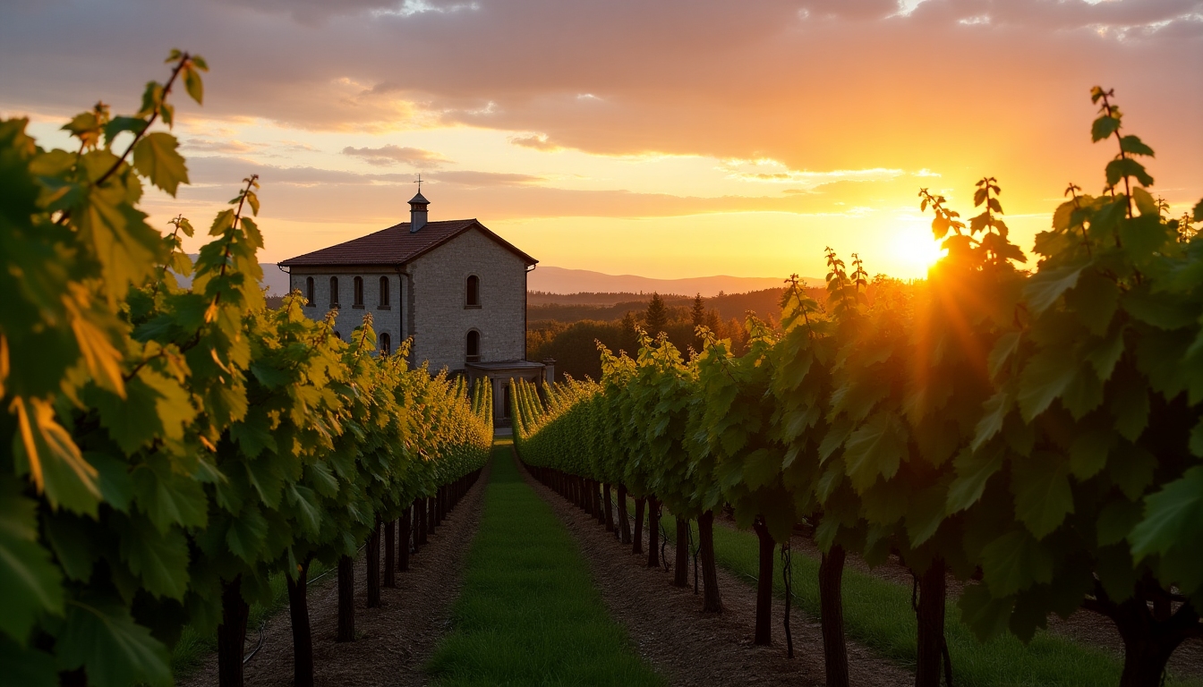 Vineyard at sunset in Sonoma County with a stone winery