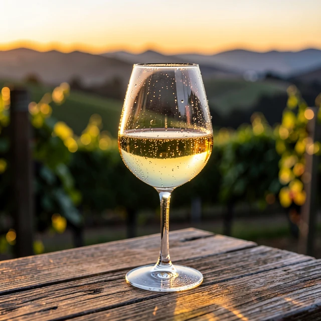 Glass of California Chardonnay wine with vineyard backdrop