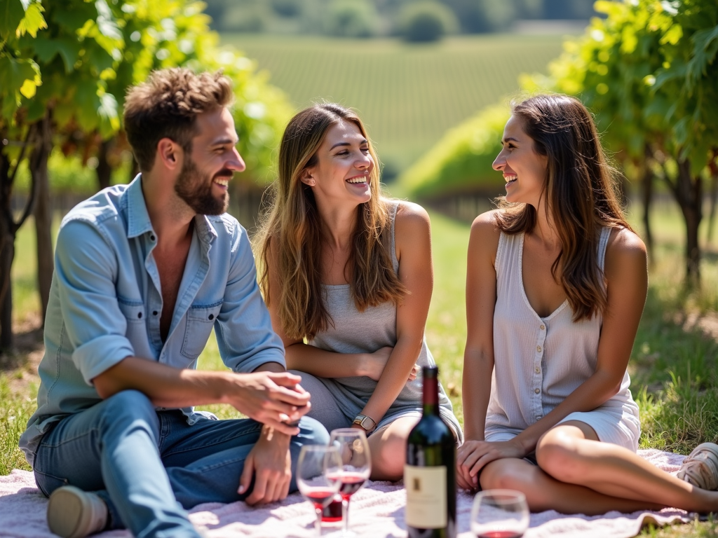 Friends enjoying picnic in vineyard with Pinot Noir.