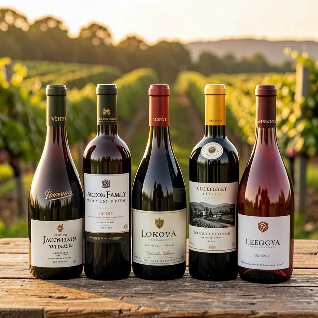 Special edition wine bottles from Jackson Family Wines displayed on a wooden table