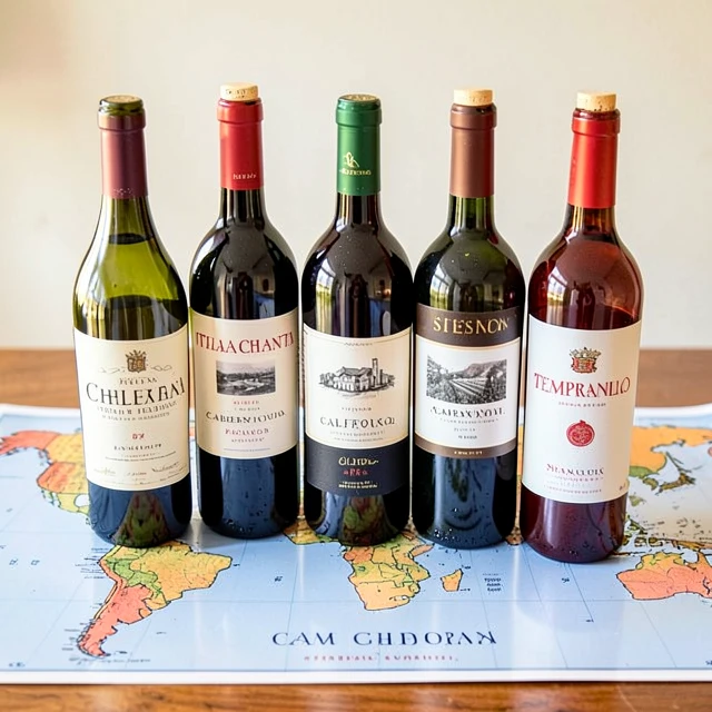 Collection of wine bottles representing different wine regions around the world
