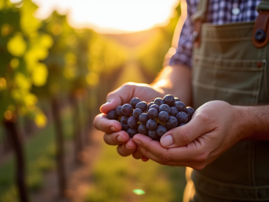Winemaker holding grapes in a sustainable vineyard