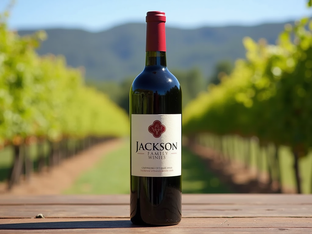 A bottle of Jackson Family Wines on a wooden table with a vineyard in the background