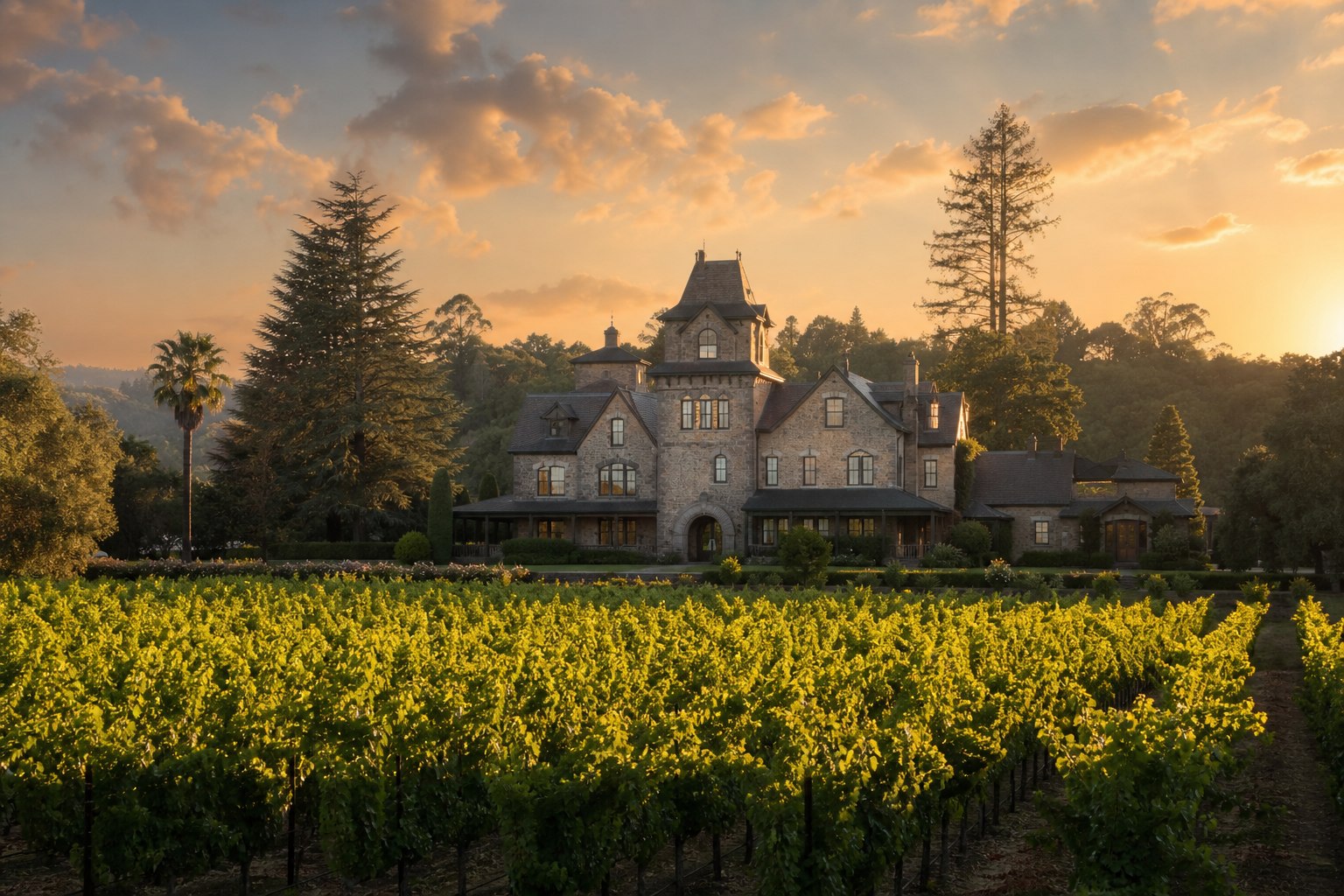 Beringer winery mansion surrounded by lush Napa Valley vineyards during a golden sunset