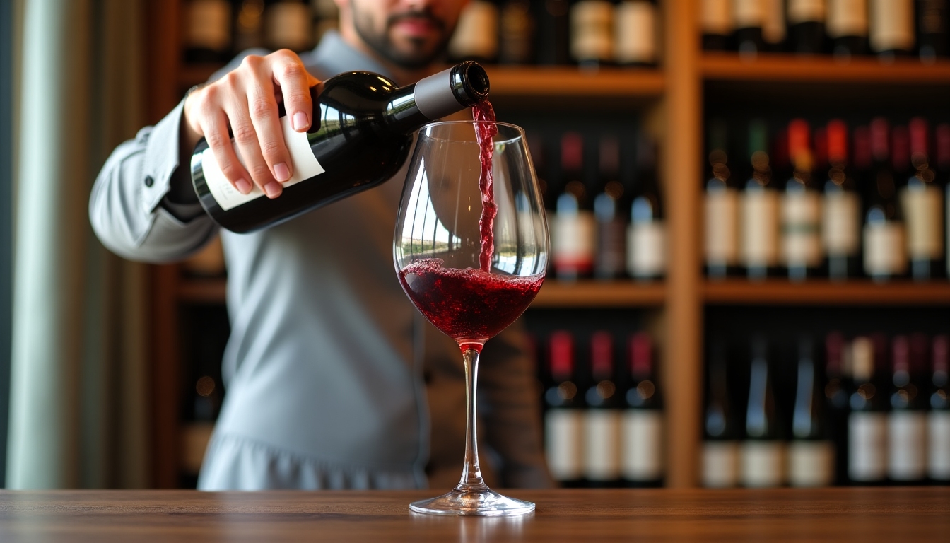 Close-up shot of a hand pouring red wine into a glass at a tasting room.