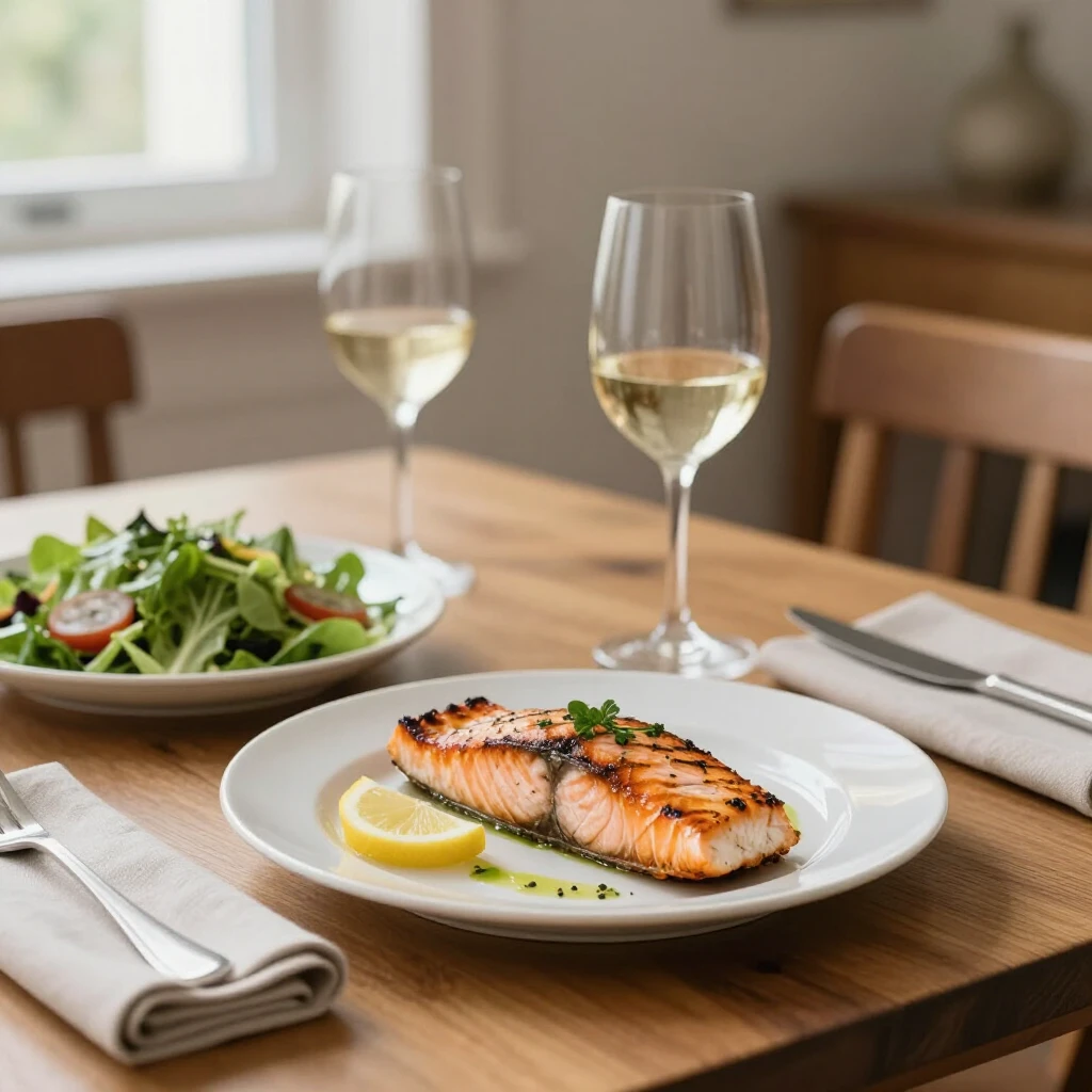 Home dining table with salmon and white wine pairing
