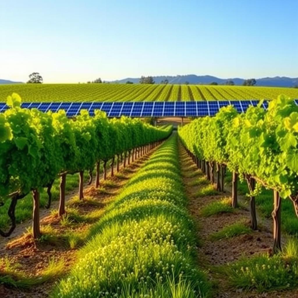 Sunrise over a Sonoma County vineyard with cover crops and solar panels