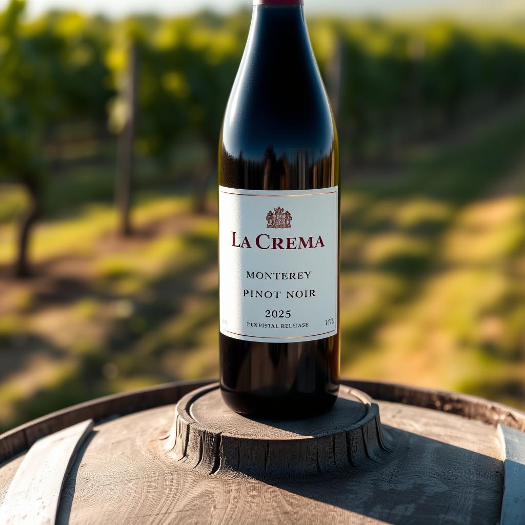 La Crema Monterey Pinot Noir bottle on a barrel in a misty vineyard