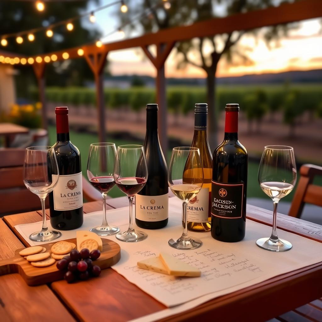 Cozy outdoor wine tasting setup with Jackson Family Wines, cheese board, and tasting notes on a white tablecloth.