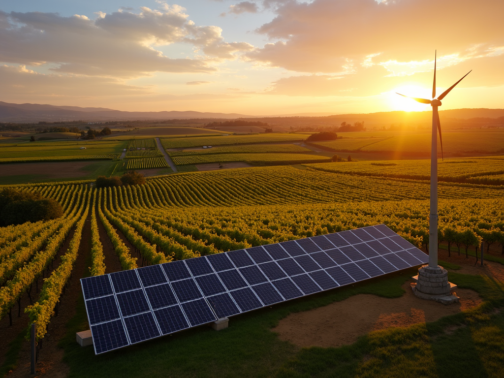 Sustainable vineyard at Jackson Family Wines with solar panels and wind turbine.