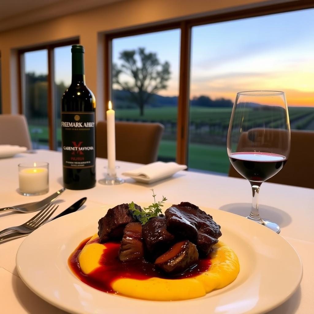 Elegant dining table with braised short ribs, polenta, and a glass of Freemark Abbey Cabernet Sauvignon in a candlelit room.
