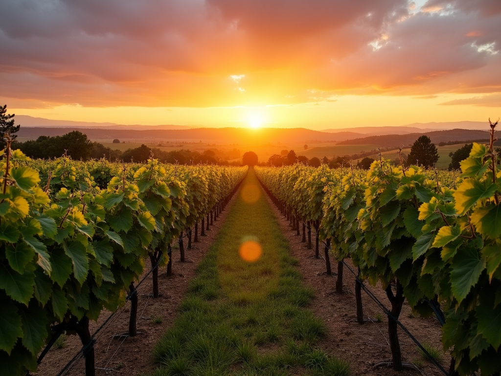 A beautiful vineyard at sunset, showcasing the natural beauty of Jackson Family Wines' estates.