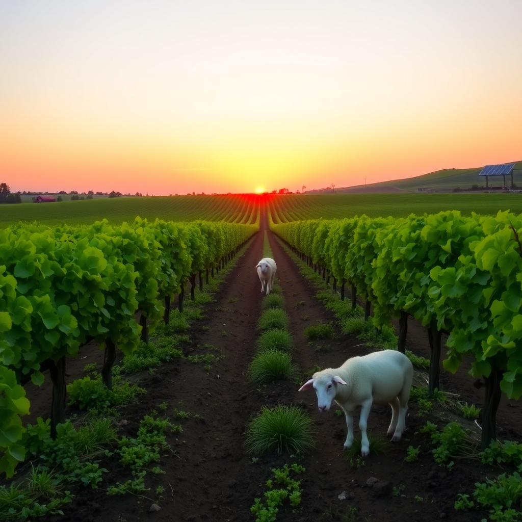 Sunrise over a Jackson Family Wines vineyard with grazing sheep and solar panels