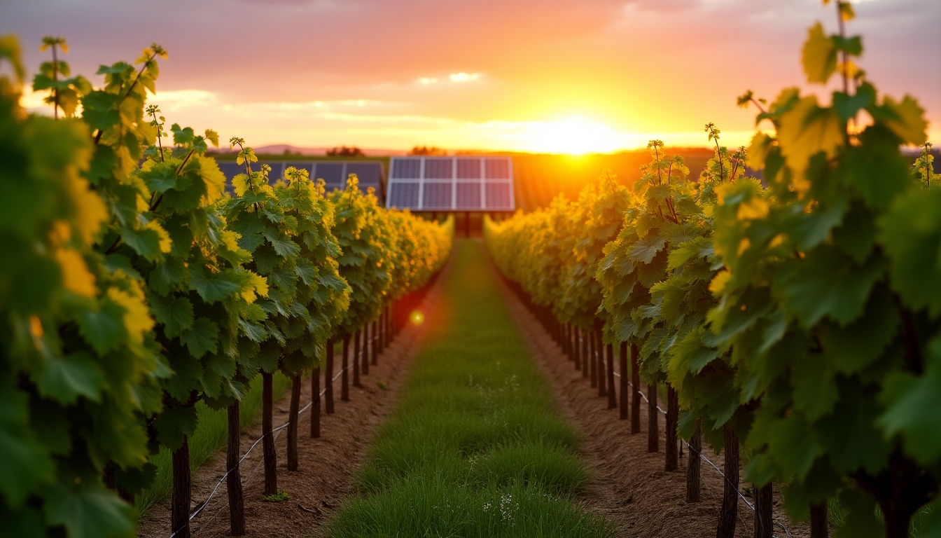 A sustainable vineyard at sunset, blending terroir and eco-friendly practices.