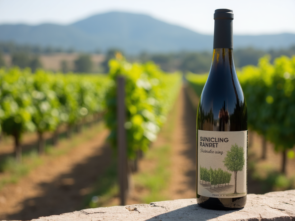 A wine bottle with a sustainability label, symbolizing eco-friendly winemaking.
