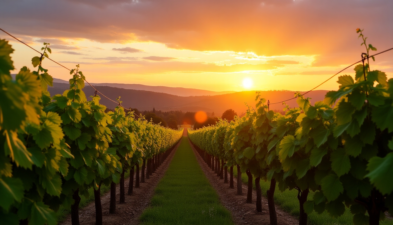 Lush organic vineyard with ripe grapes ready for harvest at sunset.