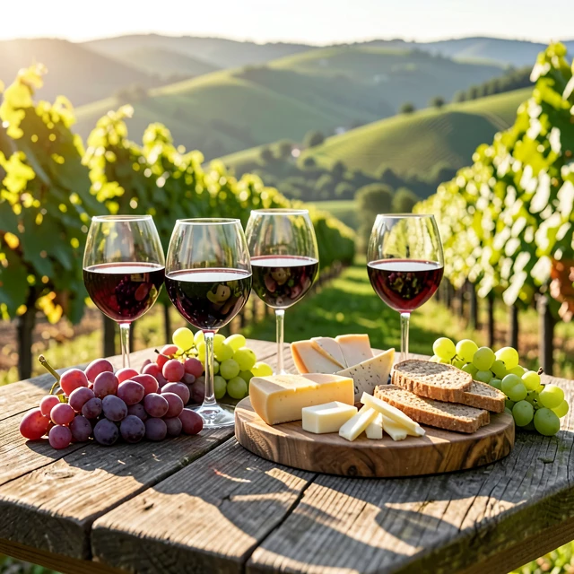Vineyard table set for wine tasting with glasses, grapes, and cheese
