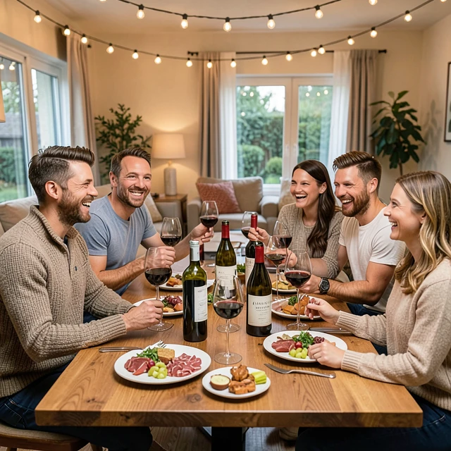 Happy group enjoying a stress-free wine tasting party at home