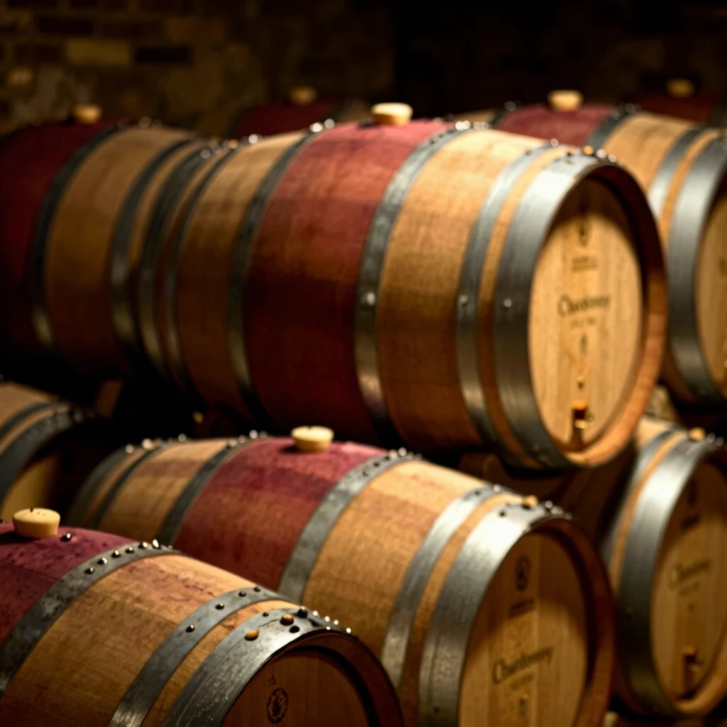 Oak barrels aging Chardonnay in a wine cellar