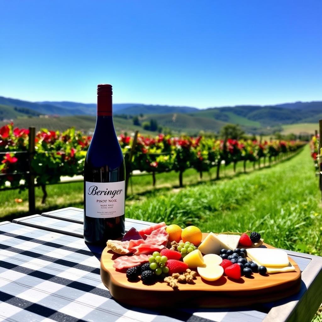 Beringer Pinot Noir bottle with charcuterie board on a picnic table in a Napa Valley vineyard