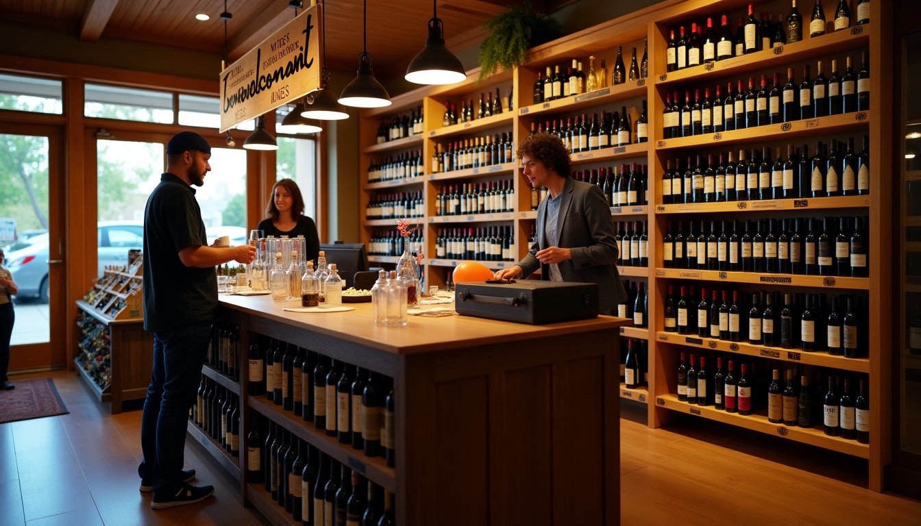 A local wine shop interior showcasing a wide selection of wine bottles neatly arranged on wooden shelves, with knowledgeable staff assisting customers.