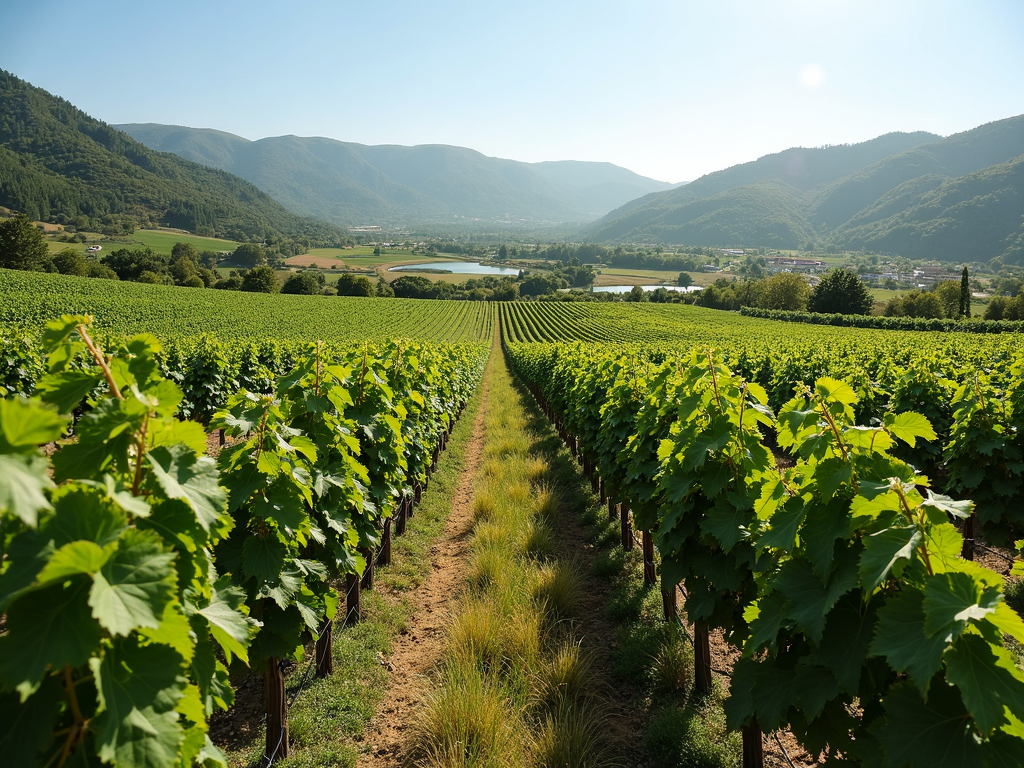A wide view of a vineyard with various plants, showcasing biodiversity in winemaking.