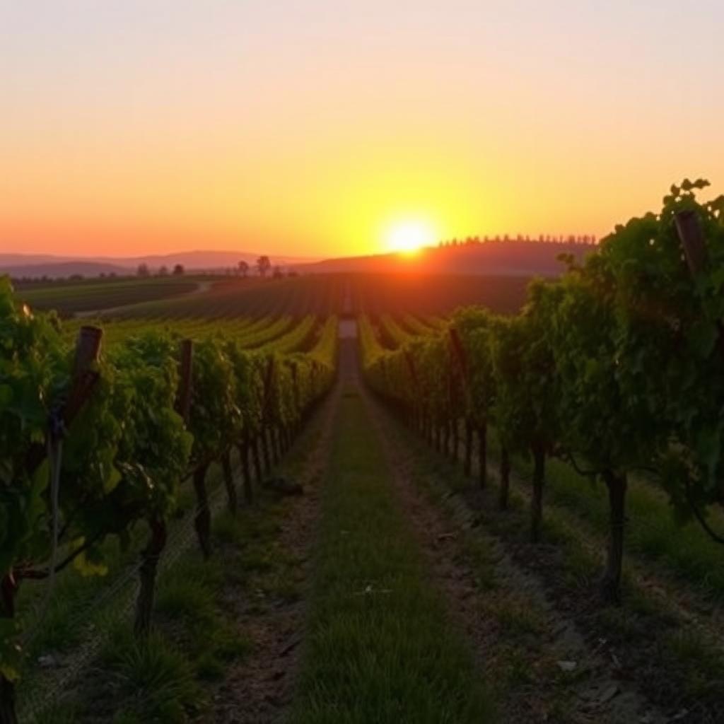 Vineyard at sunset with rows of grapevines
