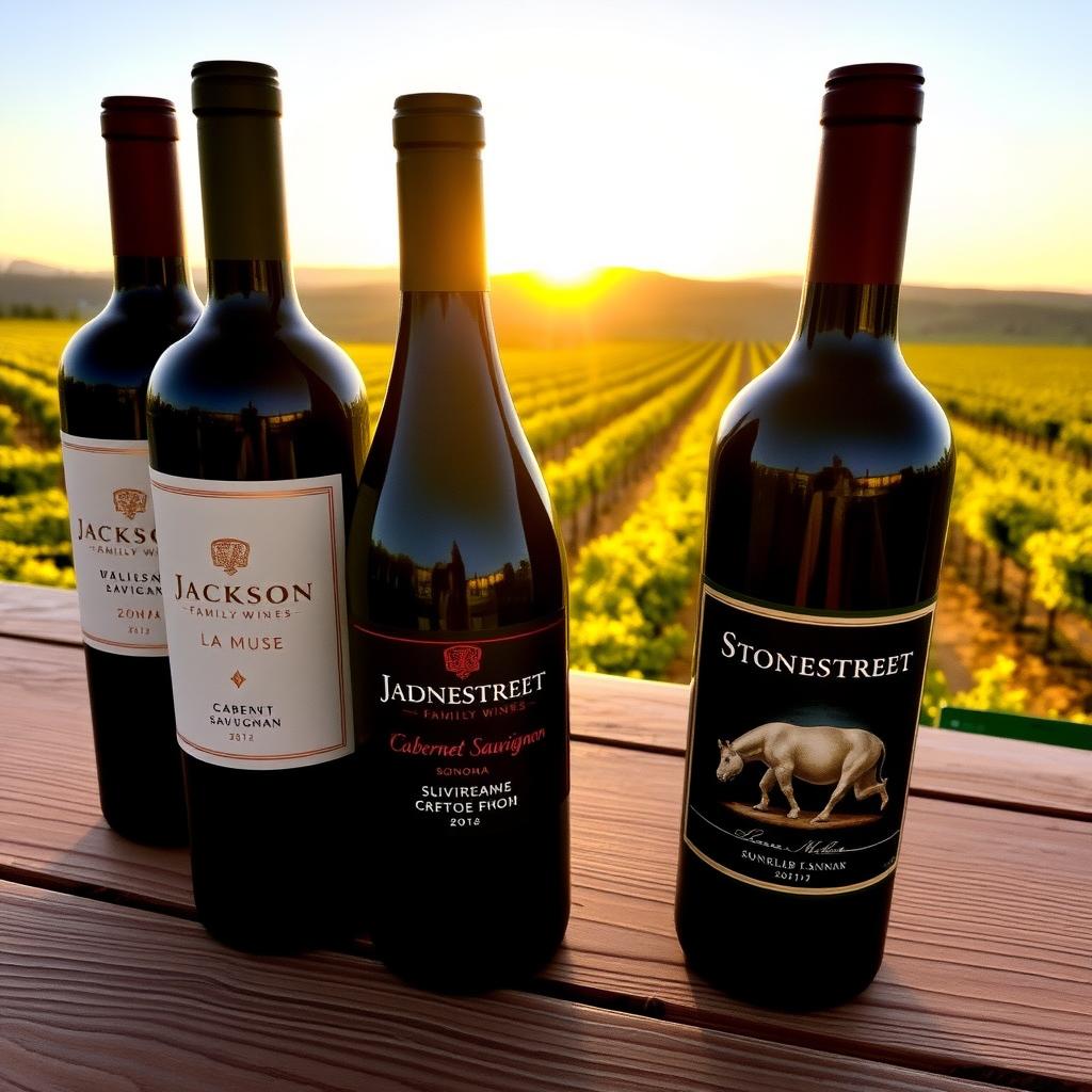 Jackson Family Wines bottles on a table with a Sonoma vineyard at sunset.