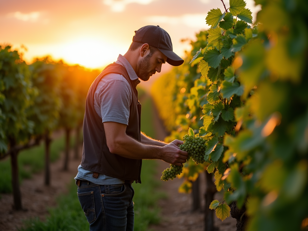 Vineyard worker tending to vines at sunset