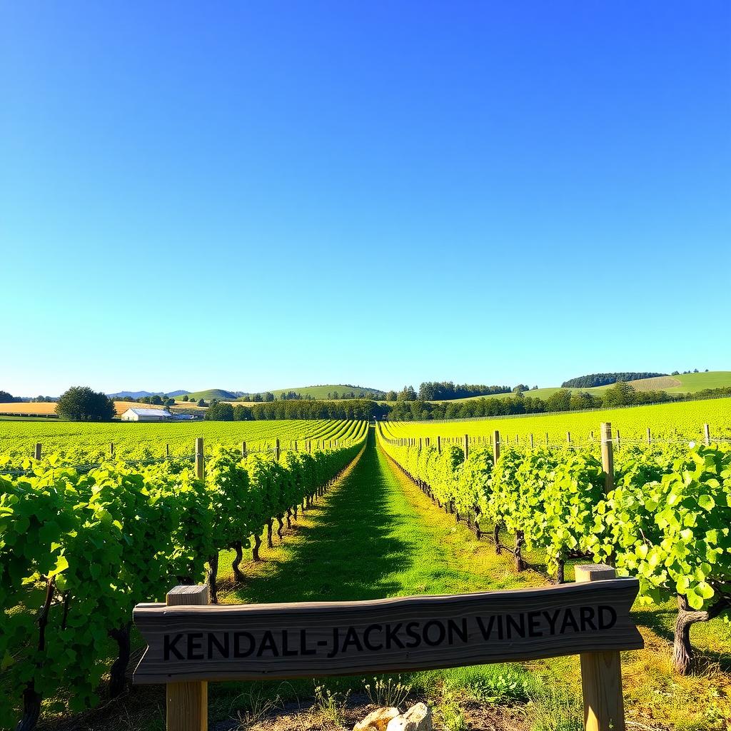 Sunlit vineyard in Sonoma County with rows of grapevines and a Kendall-Jackson sign