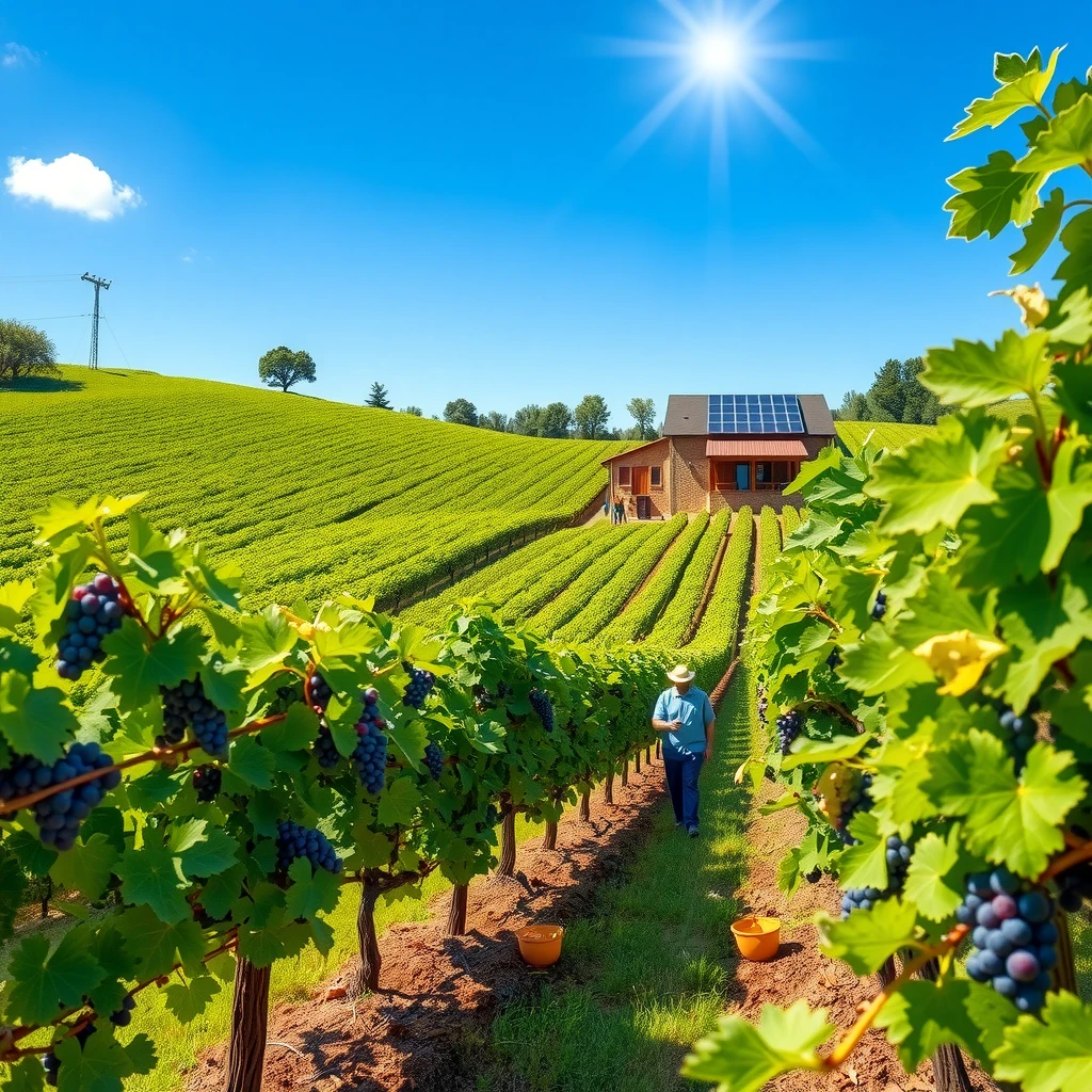 Lush organic vineyard with sustainable harvesting and solar panels