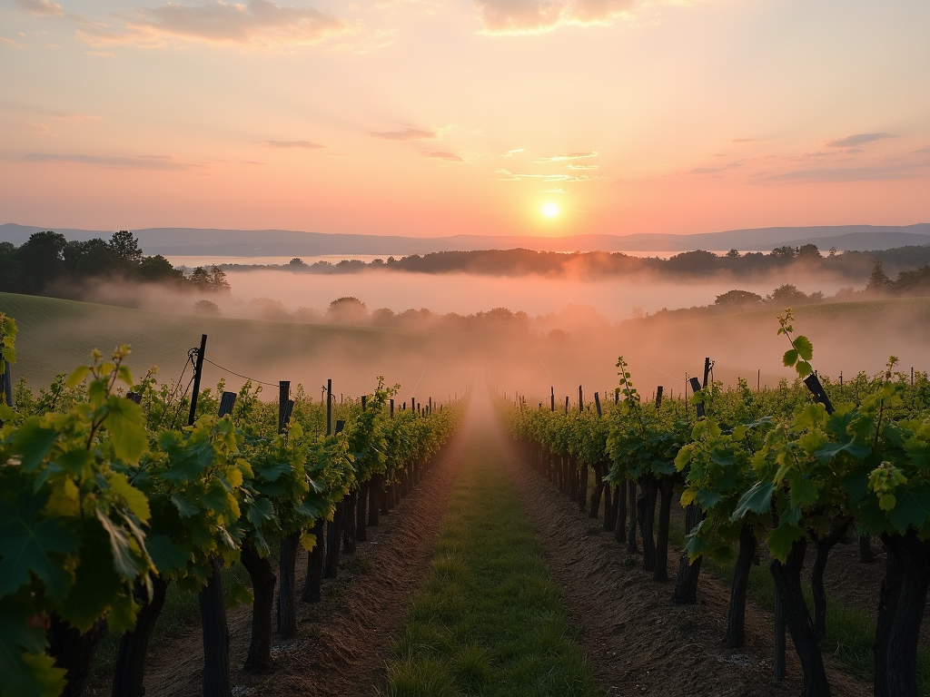 Vineyard at sunrise with mist and colorful sky