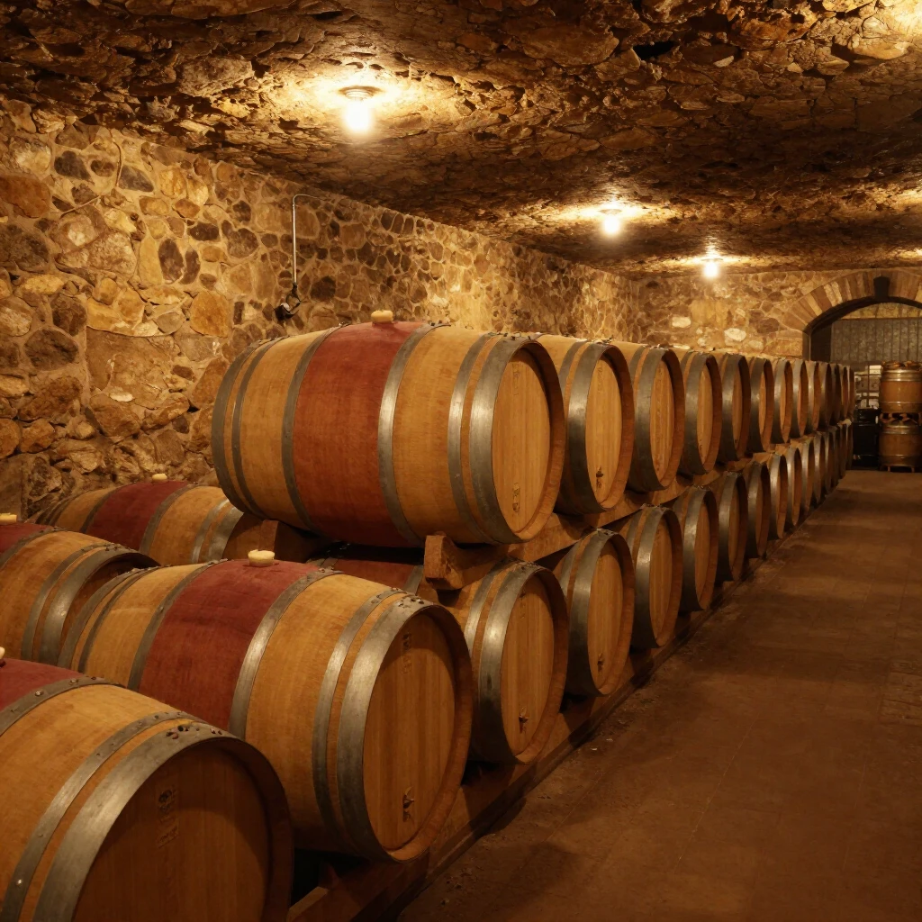 Oak barrels aging wine in a Bordeaux cellar