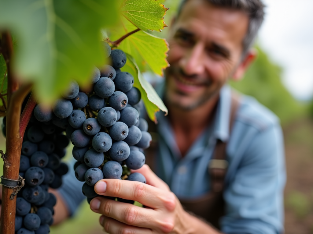 Winemaker inspecting grapes in Napa Valley